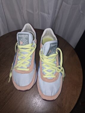Reebok Classic Pastel Blue Peach Suede Sneakers with Yellow Laces